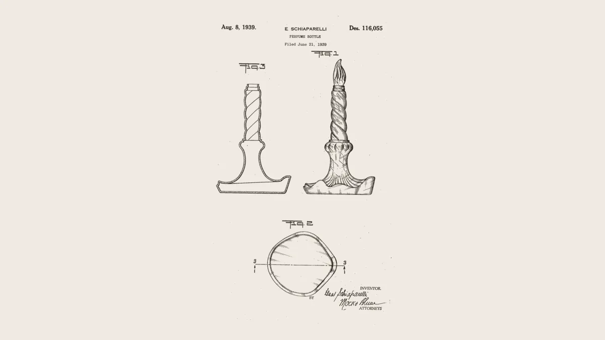 Design patent drawing showing three views of a candle-shaped perfume bottle, U.S. Des. 116,055 (1939)